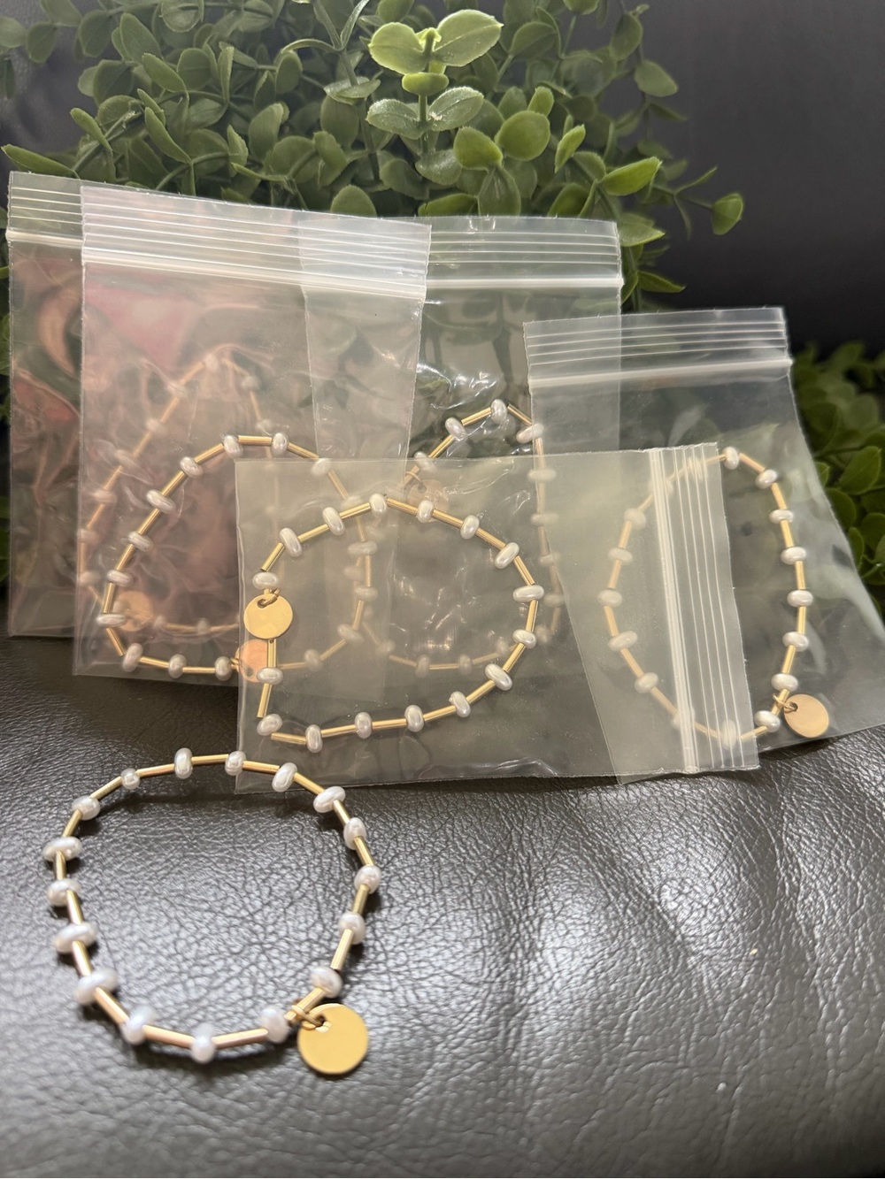 6 Plunder Delicate Gold and White Beaded Bracelets with Disc Charm